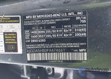 2015 Mercedes-Benz Ml 350 4Matic z USA, uszkodzony, nr VIN 4JGDA5HB0FA474661